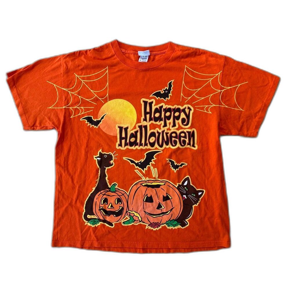 Vintage HAPPY HALLOWEEN T-Shirt Orange Graphic Tee Cat Pumpkins Unisex size XL